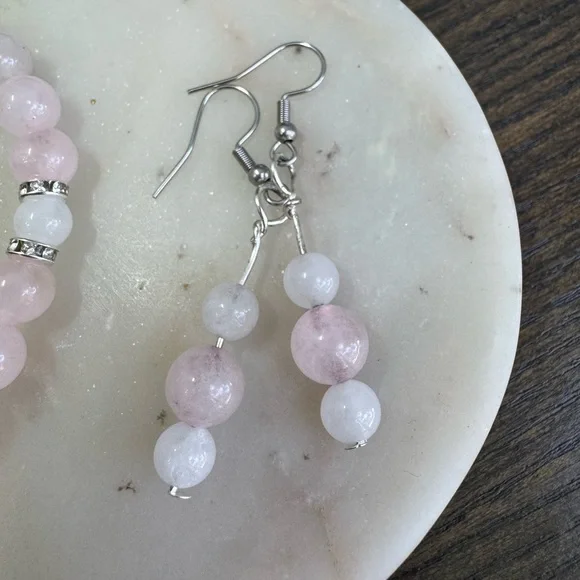 Adult Rose Quartz and White Jade Bracelet and Earrings Set Stretchy Beaded - Picture 5 of 5